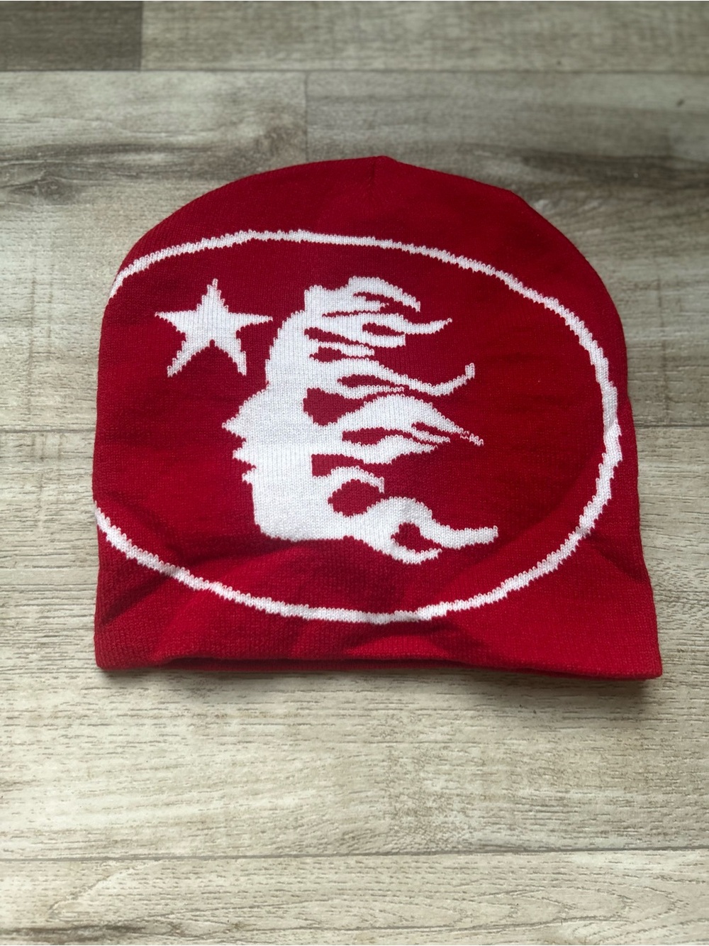 Red hellstar Beanie with White Flame Skull Graphic